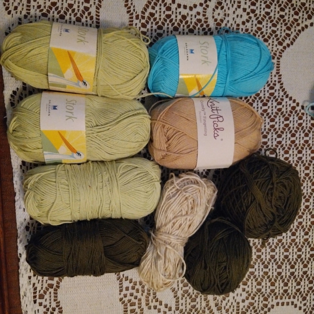 Assorted Yarn Bundle in Blue, Green, and Neutral Tones.  Cotton & Cotton/acrylic